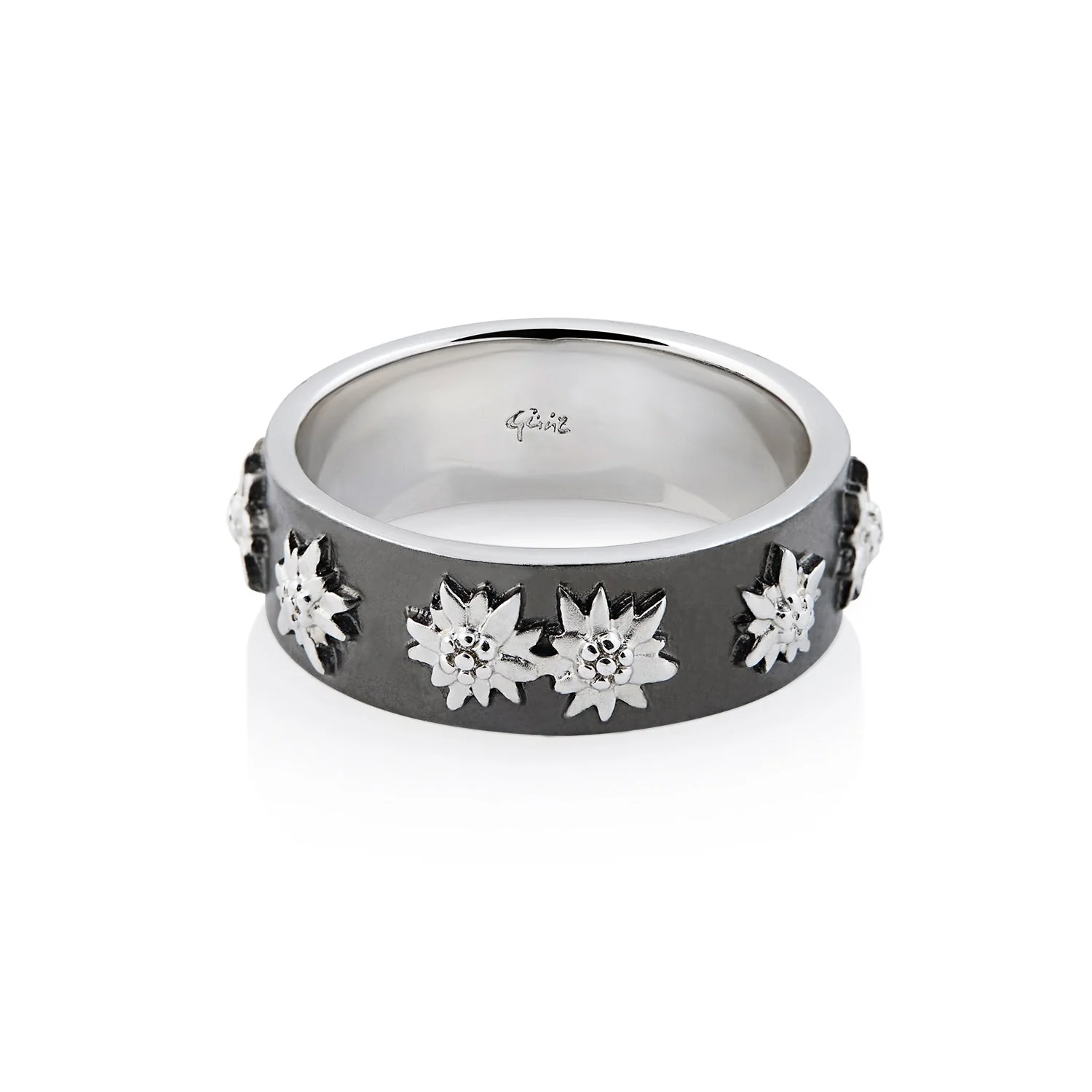 Ring aus Sterlingsilber mit Edelweiss auf flachem Profil, Satin-Finish und schwarzem Rhodium R-8001