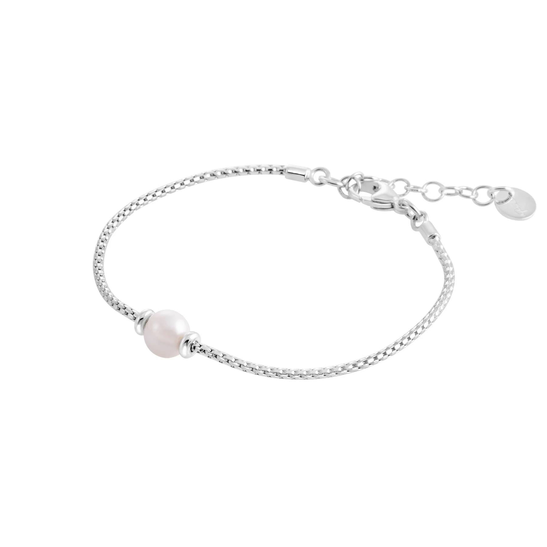 Armband aus rhodiniertem Sterlingsilber mit geflochtener Kette und glänzender Oberfläche sowie einer runden weißen Süßwasserperle B-4643
