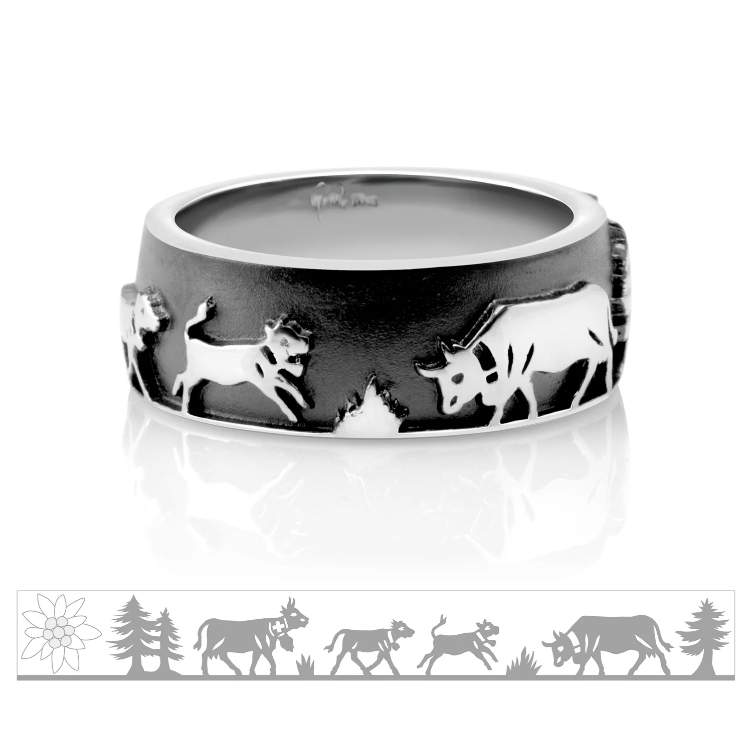 Ring aus schwarz rhodiniertem Sterlingsilber mit Kühen, Kälbern, Tannenbäumen, Edelweiss R-7023-48