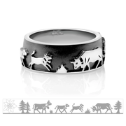 Ring aus schwarz rhodiniertem Sterlingsilber mit Kühen, Kälbern, Tannenbäumen, Edelweiss R-7023-48