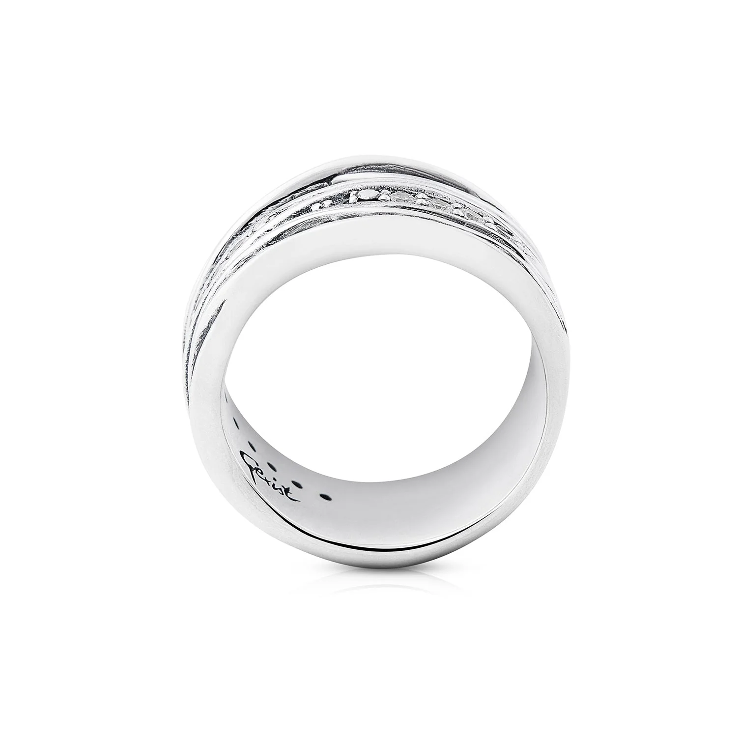 Ring aus Sterlingsilber mit ineinander verschlungenen Silberfäden, besetzt mit einem Zirkonia-Streifen und mit einem Hauch von Oxidation 20-1010