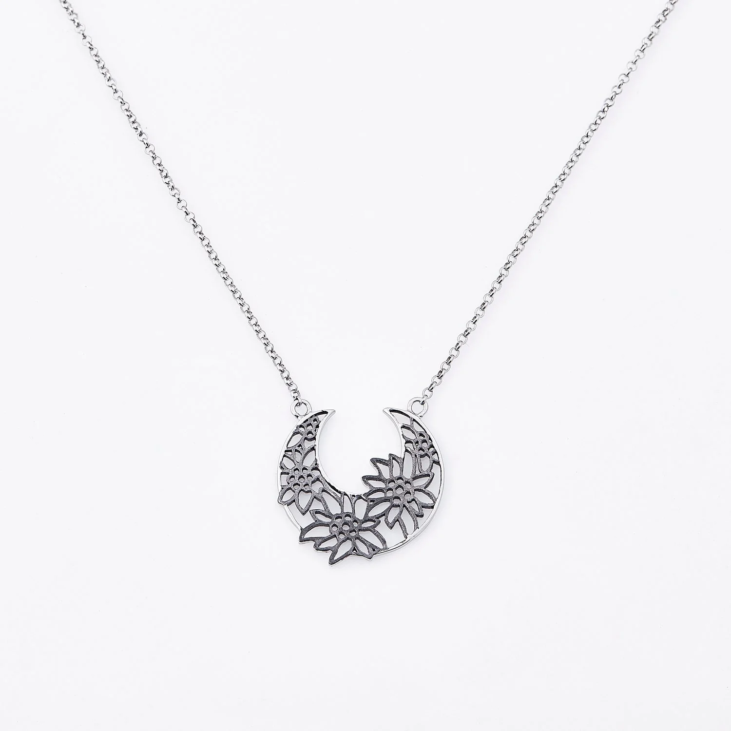Sterlingsilber Halskette mit schwarzem Rhodium Edelweiss Filigran Korb Anhänger N-7022