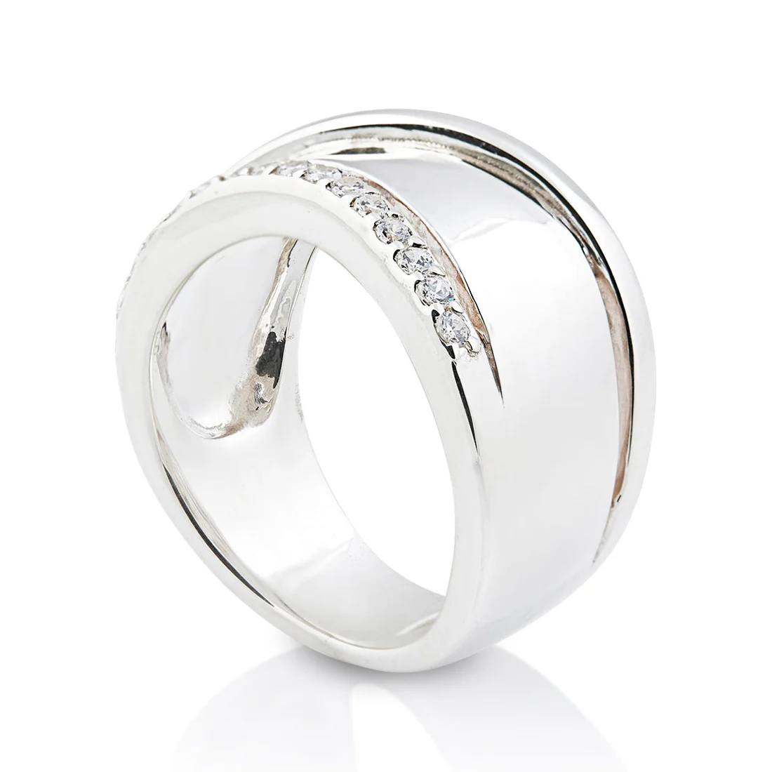 Breiter Ring aus Sterlingsilber, verziert mit einer Linie aus weißen 2mm Zirkonia 20-1031