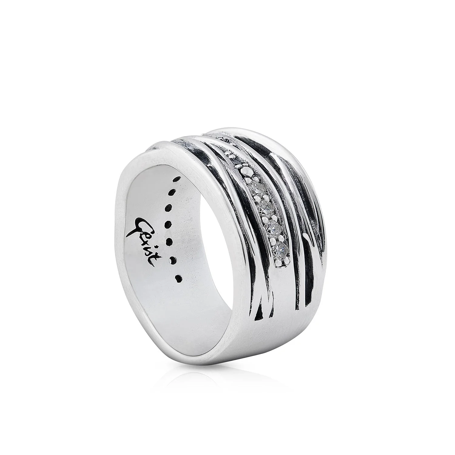 Ring aus Sterlingsilber mit ineinander verschlungenen Silberfäden, besetzt mit einem Zirkonia-Streifen und mit einem Hauch von Oxidation 20-1010
