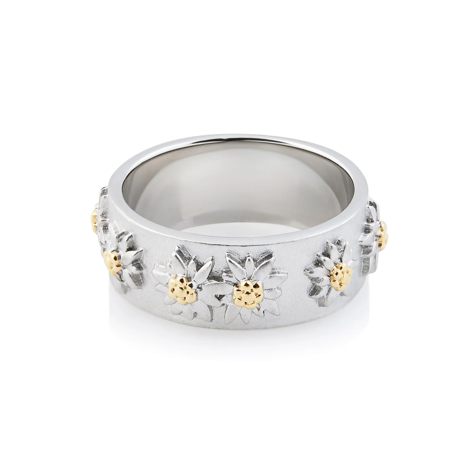Ring aus Sterlingsilber mit Bicolor Edelweißen auf flachem Profil, Satin-Finish RG-8000