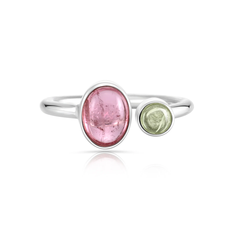 Verstellbarer Ring aus Sterlingsilber mit ovalem Turmalin Cabochon und rundem Turmalin Cabochon R-4597