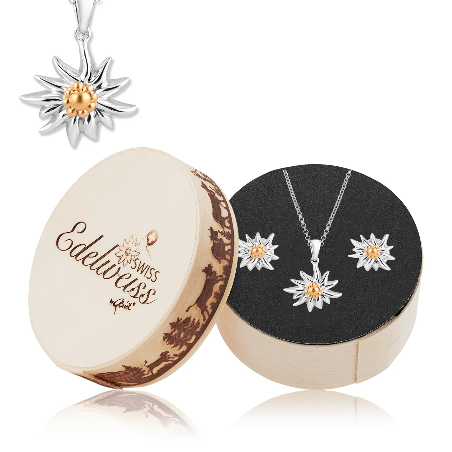 Set aus Edelweiss Halskette und Ohrringe aus glänzendem Bicolor Silber S-8101