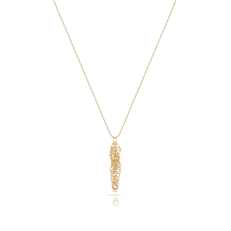 Sterling Silber Halskette mit Gelbgoldbeschichtung, lange, feine, gedrehte Kette, länglicher Baum-Anhänger, mehrere Ringe mit Diamantfinish NG-4626