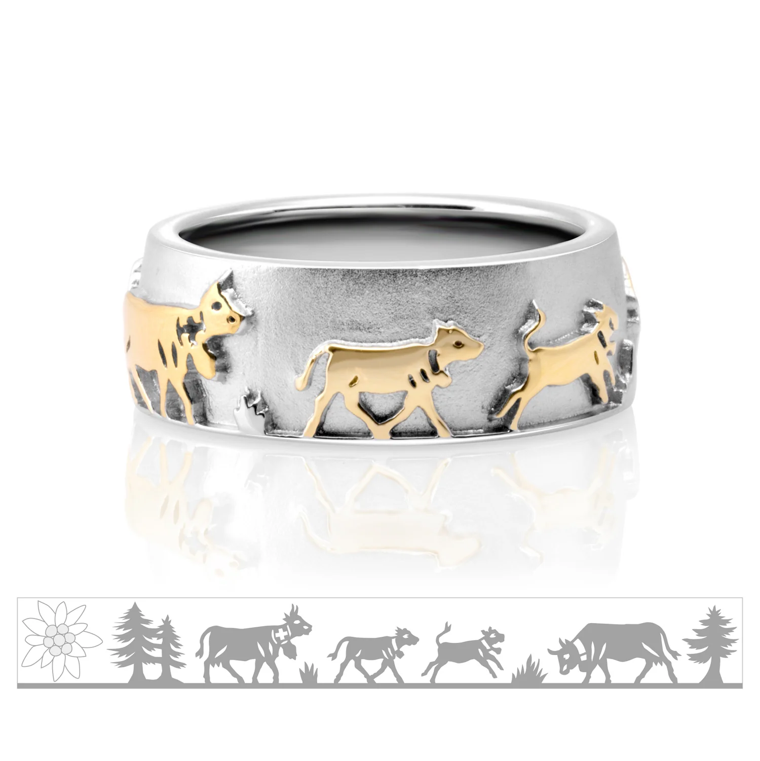 Bicolor Ring Sterlingsilber mit Kälbern, Kühen, Tannenbäumen und Edelweiss RG-7022-48