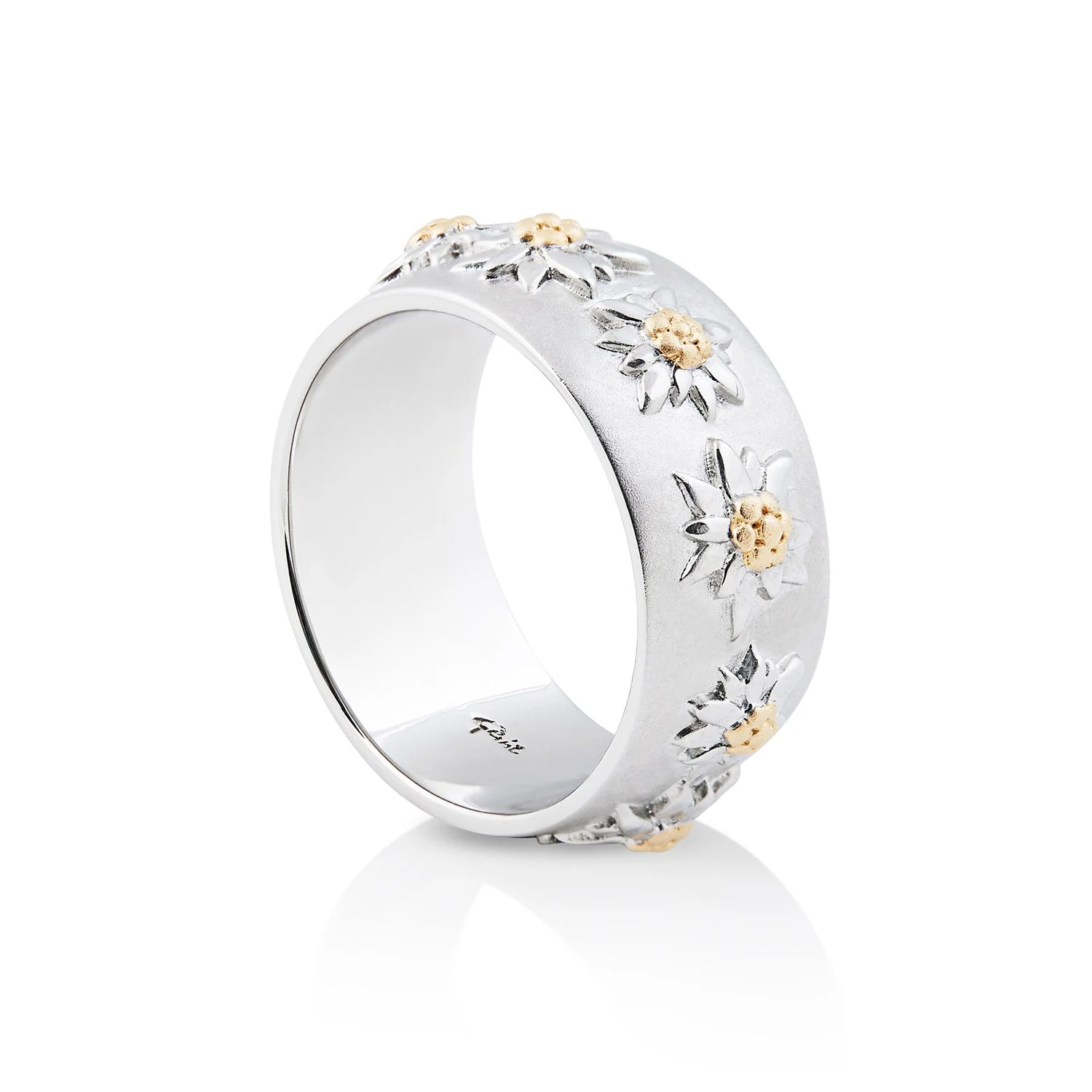 Ring aus Sterlingsilber mit Bicolor Edelweißen auf Halbmondprofil und Satin-Finish RG-8002