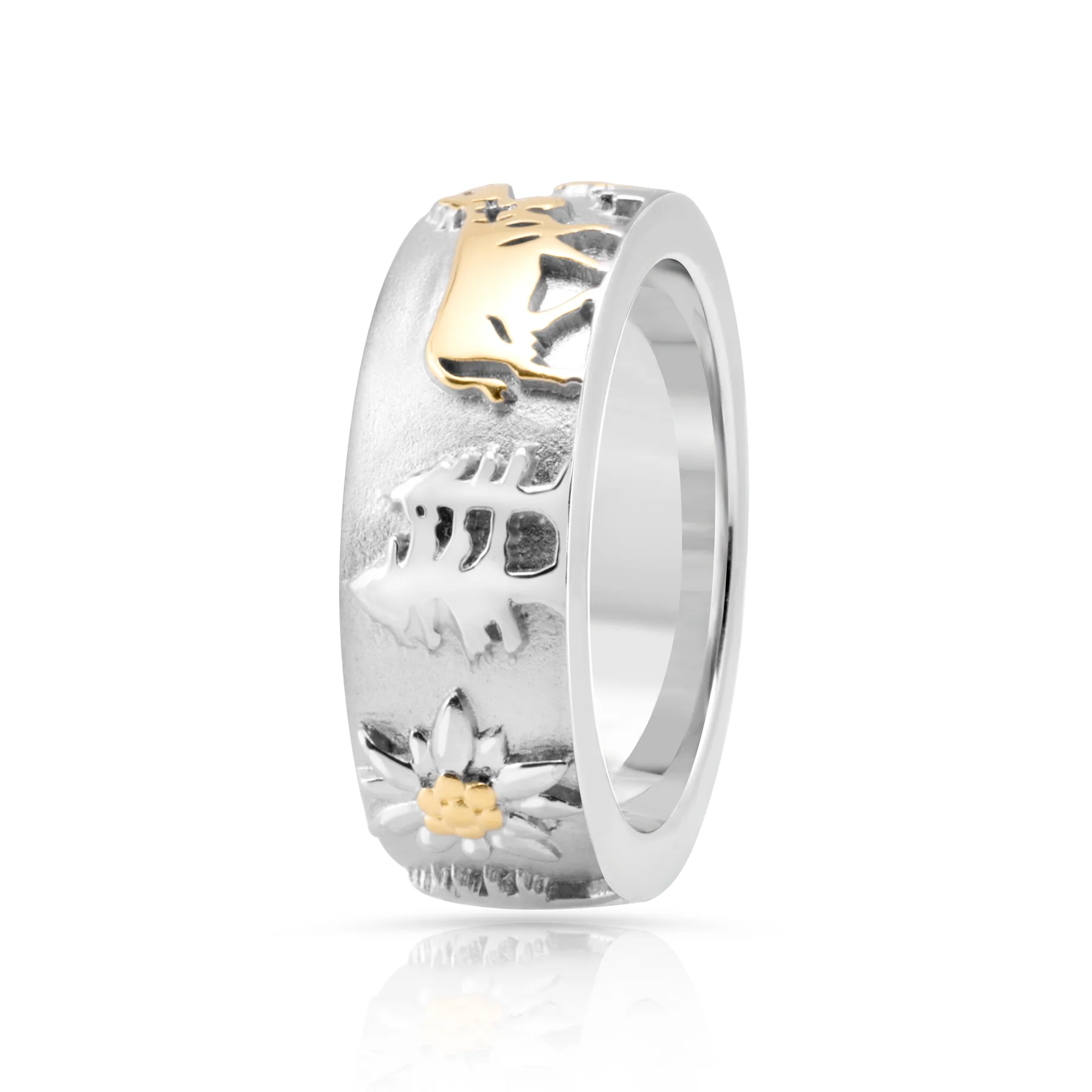 Bicolor Ring Sterlingsilber mit Kälbern, Kühen, Tannenbäumen und Edelweiss RG-7022-48