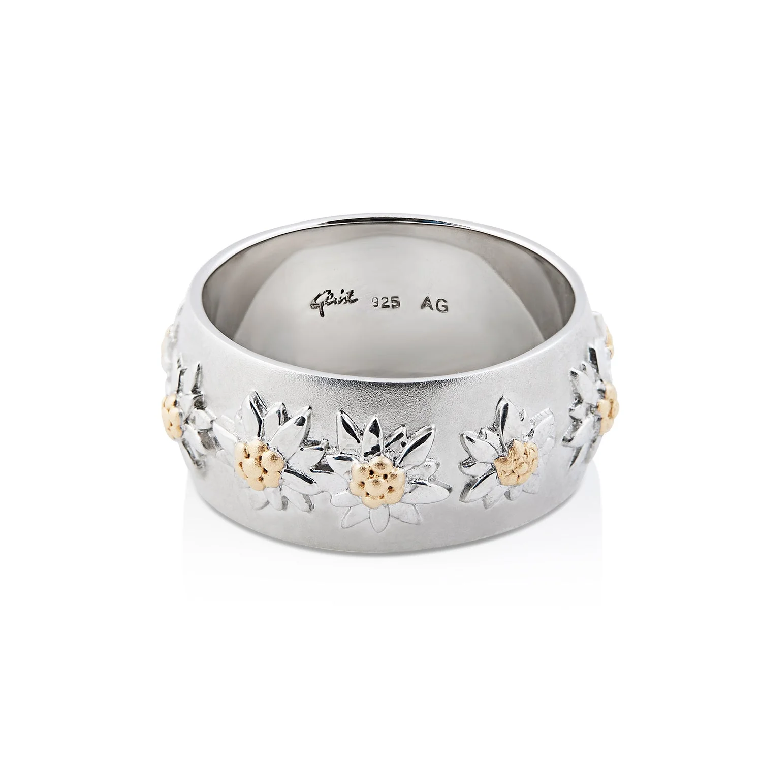 Ring aus Sterlingsilber mit Bicolor Edelweißen auf Halbmondprofil und Satin-Finish RG-8002