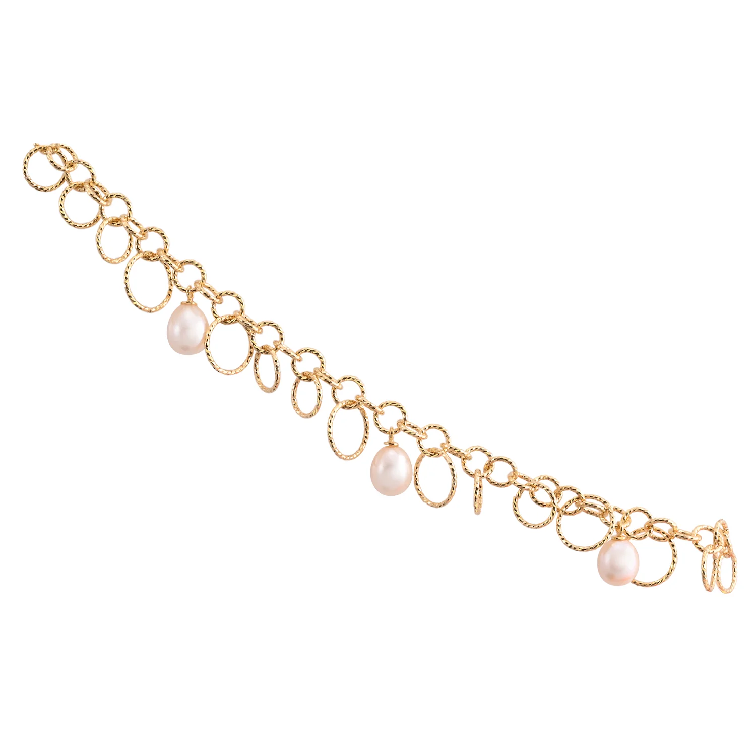Sterling-Silber-Armband mit Gelbgoldbeschichtung und glänzender Diamantschliff-Oberfläche, mit mehreren runden Ringen in verschiedenen Größen und tropfenförmigen Süßwasserperlen BG-4624