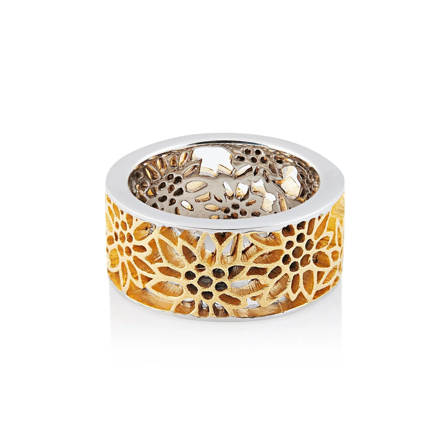 Breiter Ring aus Sterlingsilber Mit Edelweiss Filigran Bicolor RG-8004