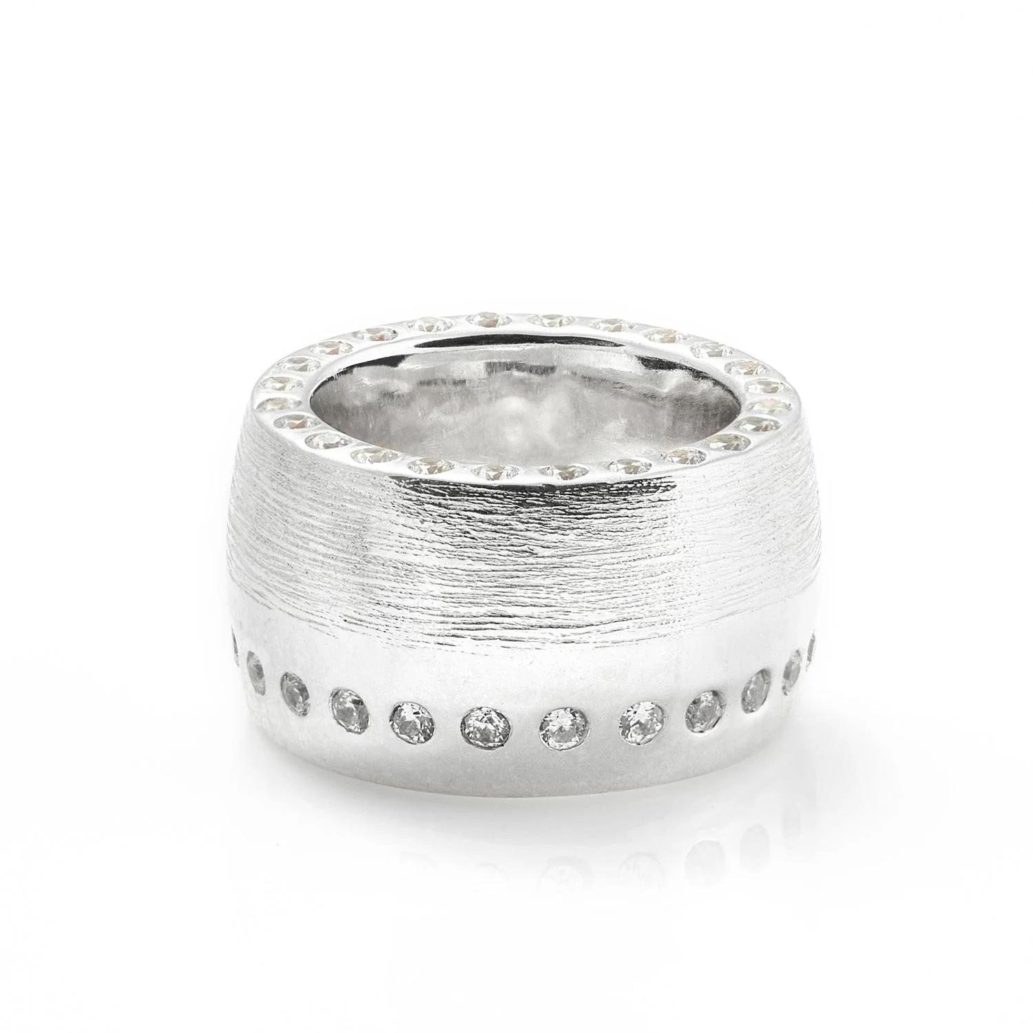 Ring aus massivem Sterlingsilber, gebürstet und poliert, mit runden weißen Zirkonen von 2 mm R-3488
