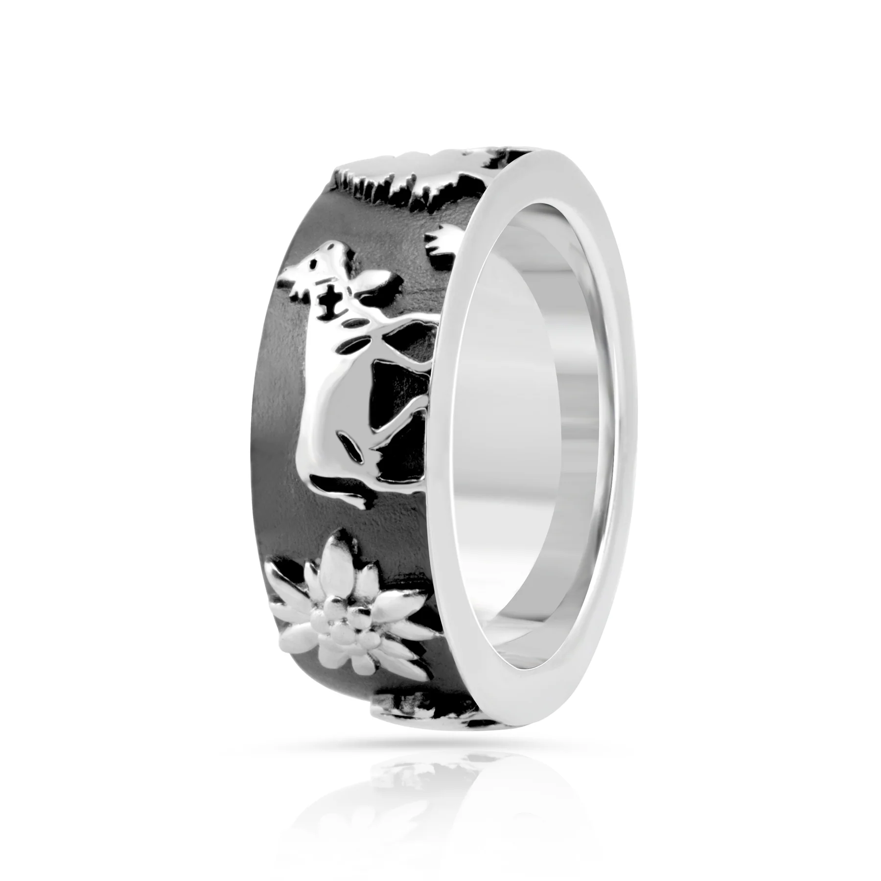 Schwarzer Rhodium-Sterlingsilberring mit Matterhorn, Tannenbäumen, Kühen und Edelweiss R-7021-48