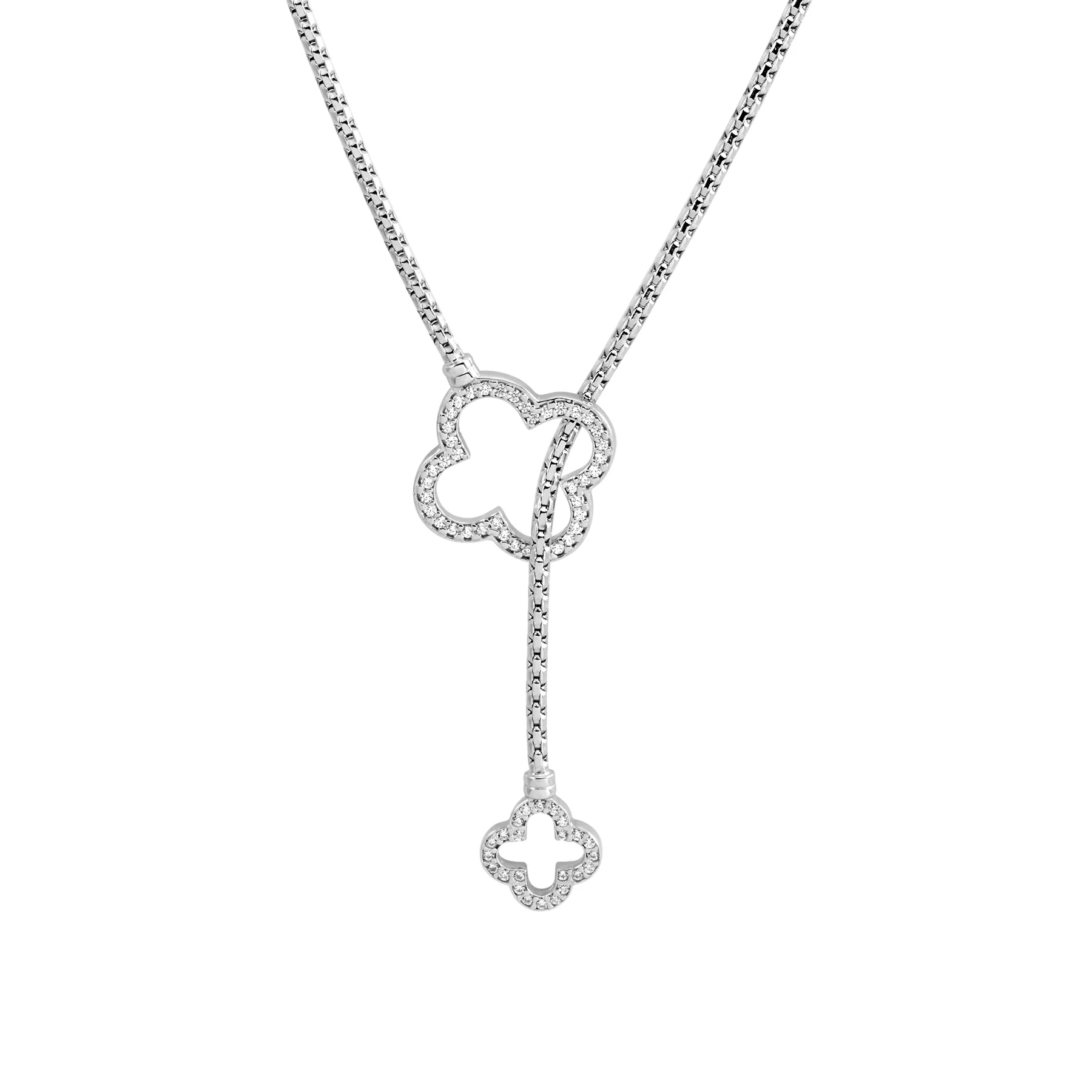 Krawattenkette aus rhodiniertem Sterlingsilber mit geflochtener Kette und Endstücken in unterschiedlichen Größen, besetzt mit weißen Zirkonia N-4635