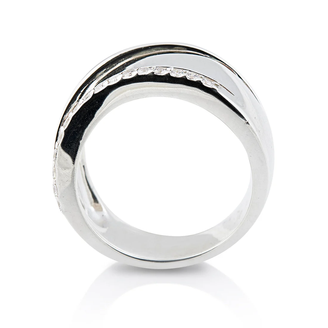 Breiter Ring aus Sterlingsilber, verziert mit einer Linie aus weißen 2mm Zirkonia 20-1031