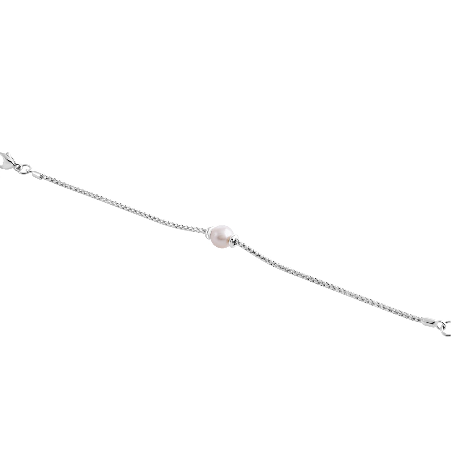 Armband aus rhodiniertem Sterlingsilber mit geflochtener Kette und glänzender Oberfläche sowie einer runden weißen Süßwasserperle B-4643