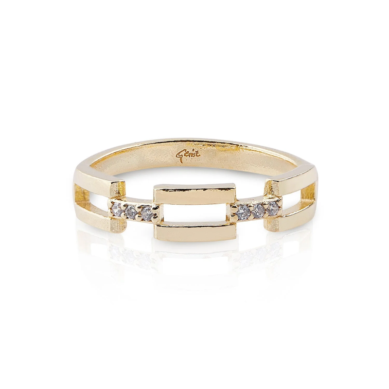 Ring aus Sterlingsilber mit Gelbgoldauflage, der ein modernes rechteckiges Design mit einem zarten Hauch von Glanz durch diese Zirkonia verbindet RG-4359