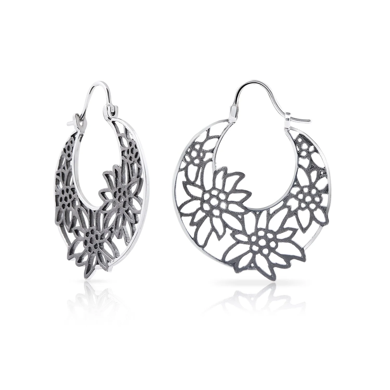 Kleine Creole Sterlingsilber Edelweiss Filigran Rhodium Schwarz Korbform E-7019