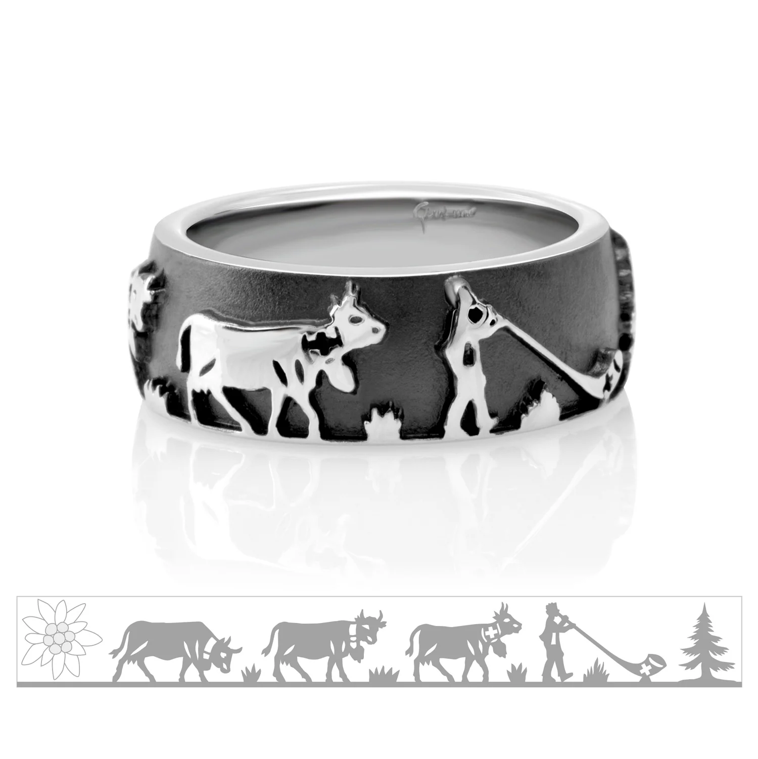 Ring aus schwarzem Rhodium-Sterlingsilber mit Tannenbäumen, Alphorn, Kühen und Edelweiss R-7025-48