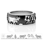 Schwarzer Rhodium-Sterlingsilberring mit Matterhorn, Tannenbäumen, Kühen und Edelweiss R-7021-48