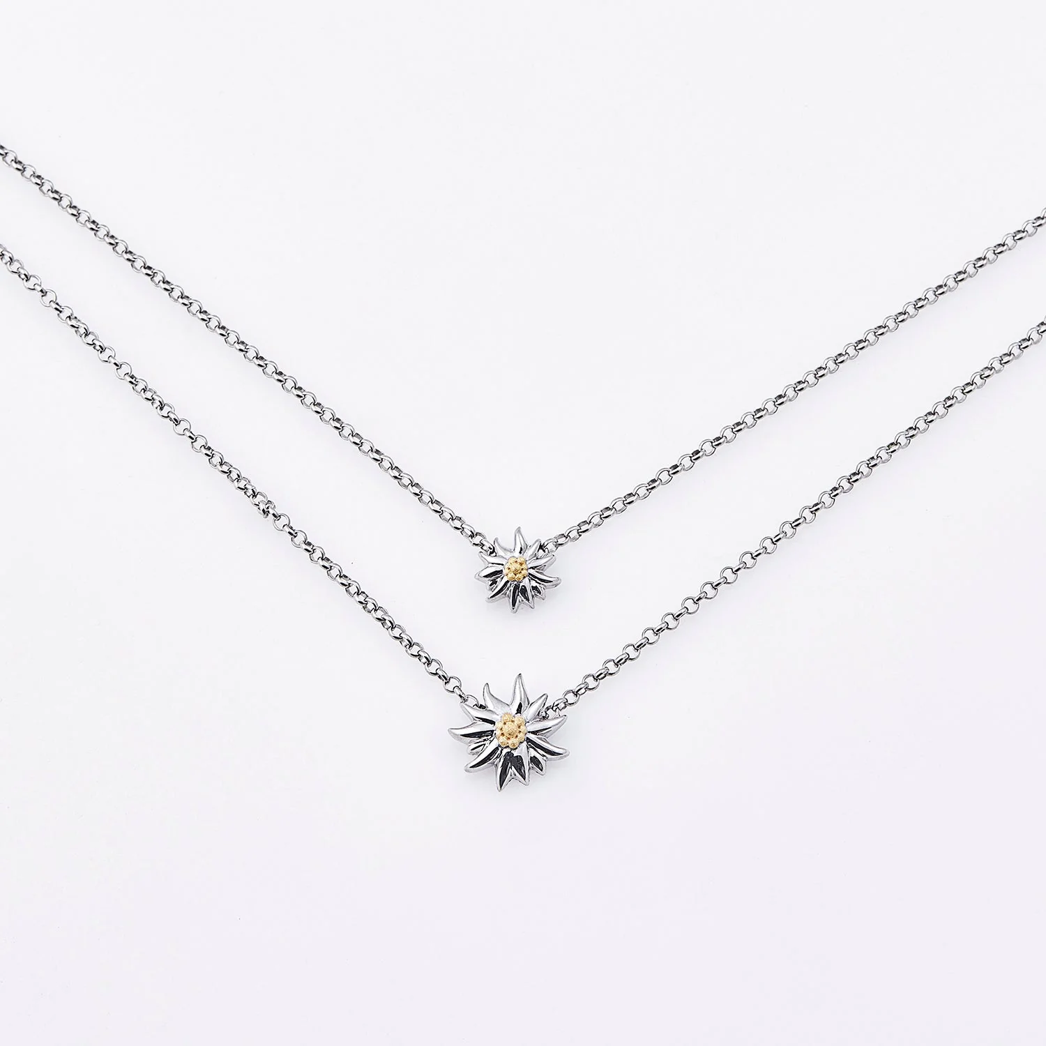 Doppelte Halskette aus Sterlingsilber mit zwei glänzenden Edelweißanhängern Bicolor NG-8027