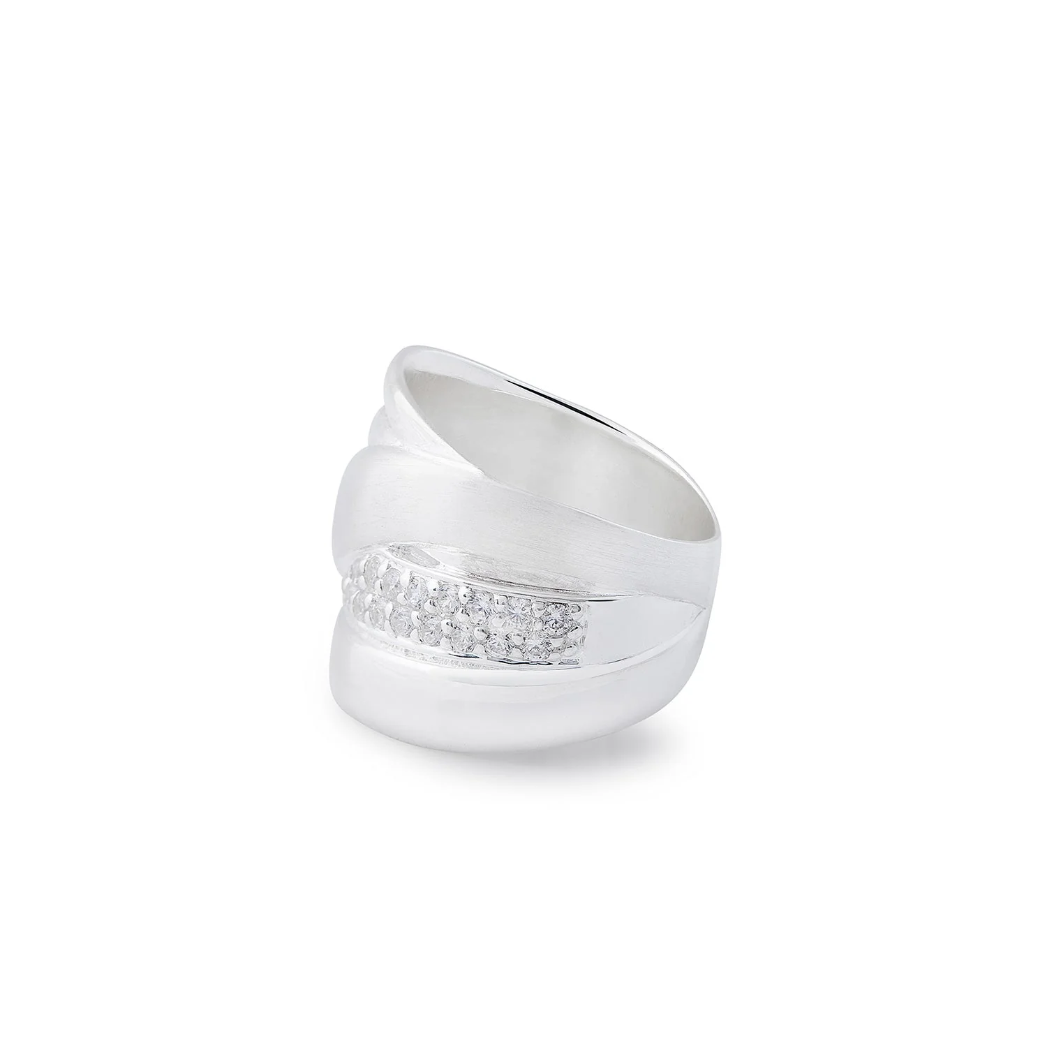 Ring aus Sterlingsilber mit einer Kombination aus matten, glänzenden Silberstreifen plus einem Streifen mit Zirkonia-Pavé 20-1008