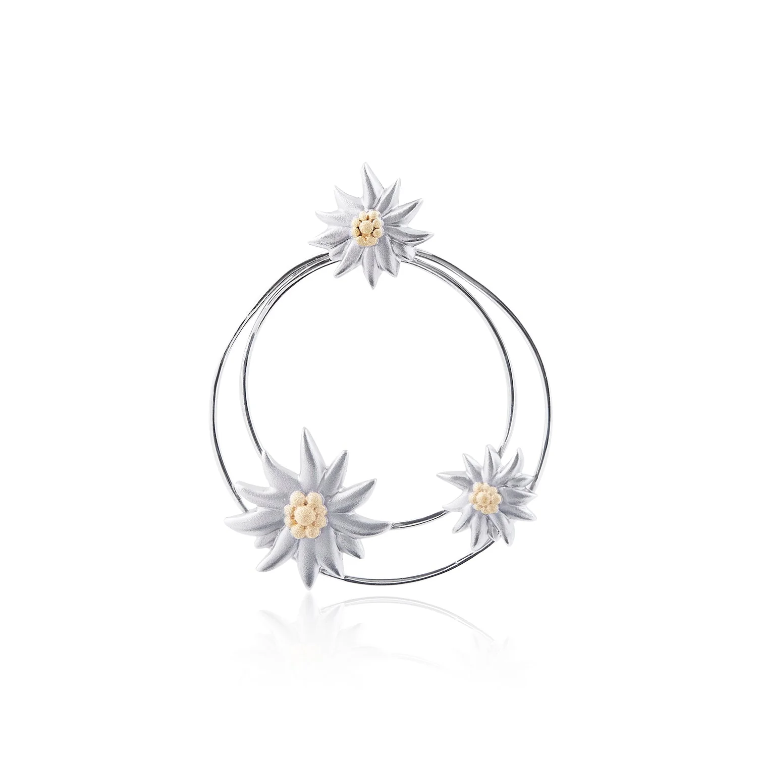 Sterlingsilber Ohrstecker mit drei satinierten Edelweiss Bicolor auf zwei glänzenden asymmetrischen Ringen EG-7023
