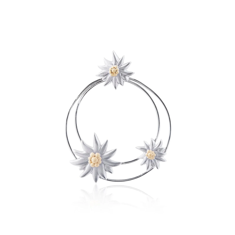 Sterlingsilber Ohrstecker mit drei satinierten Edelweiss Bicolor auf zwei glänzenden asymmetrischen Ringen EG-7023