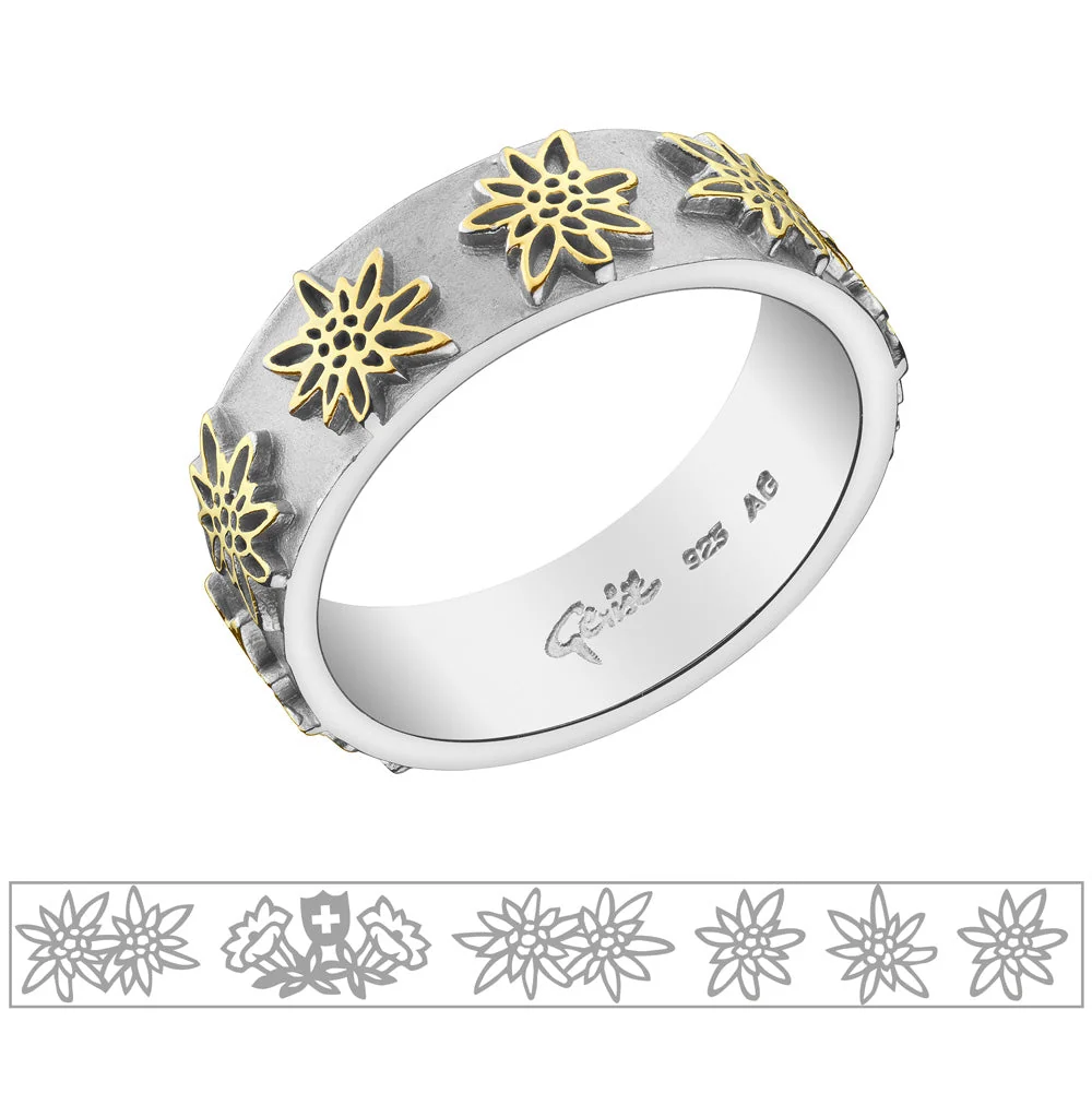 Sterlingsilber Bicolor Ring mit einem Strauss Edelweiss RG-7013-1