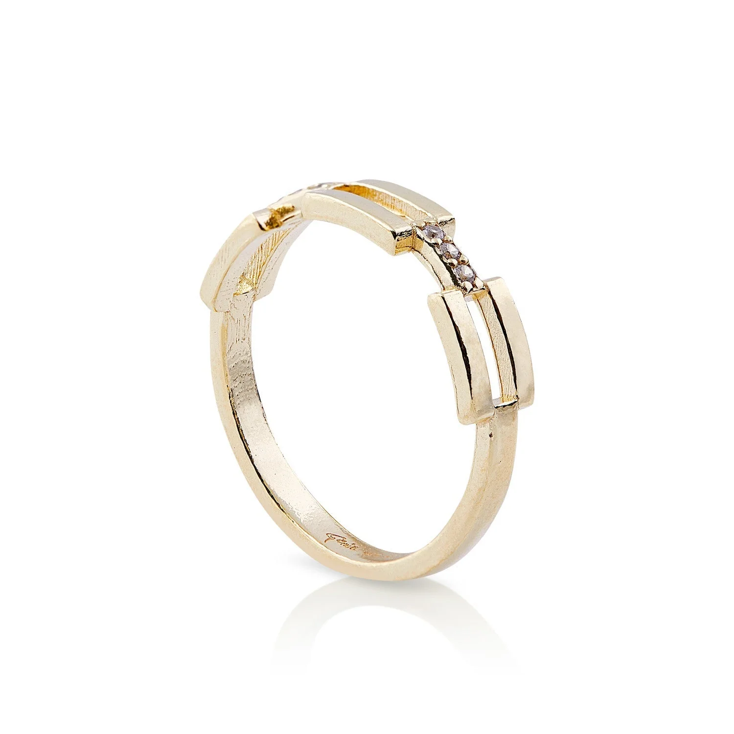 Ring aus Sterlingsilber mit Gelbgoldauflage, der ein modernes rechteckiges Design mit einem zarten Hauch von Glanz durch diese Zirkonia verbindet RG-4359-51