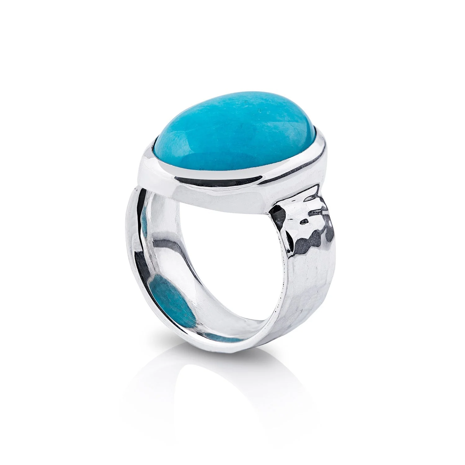Ring aus Sterlingsilber mit glänzendem Hammerschlag-Finish, verziert mit einem wunderschönen oval Amazonit (14x19mm) R-4336-56