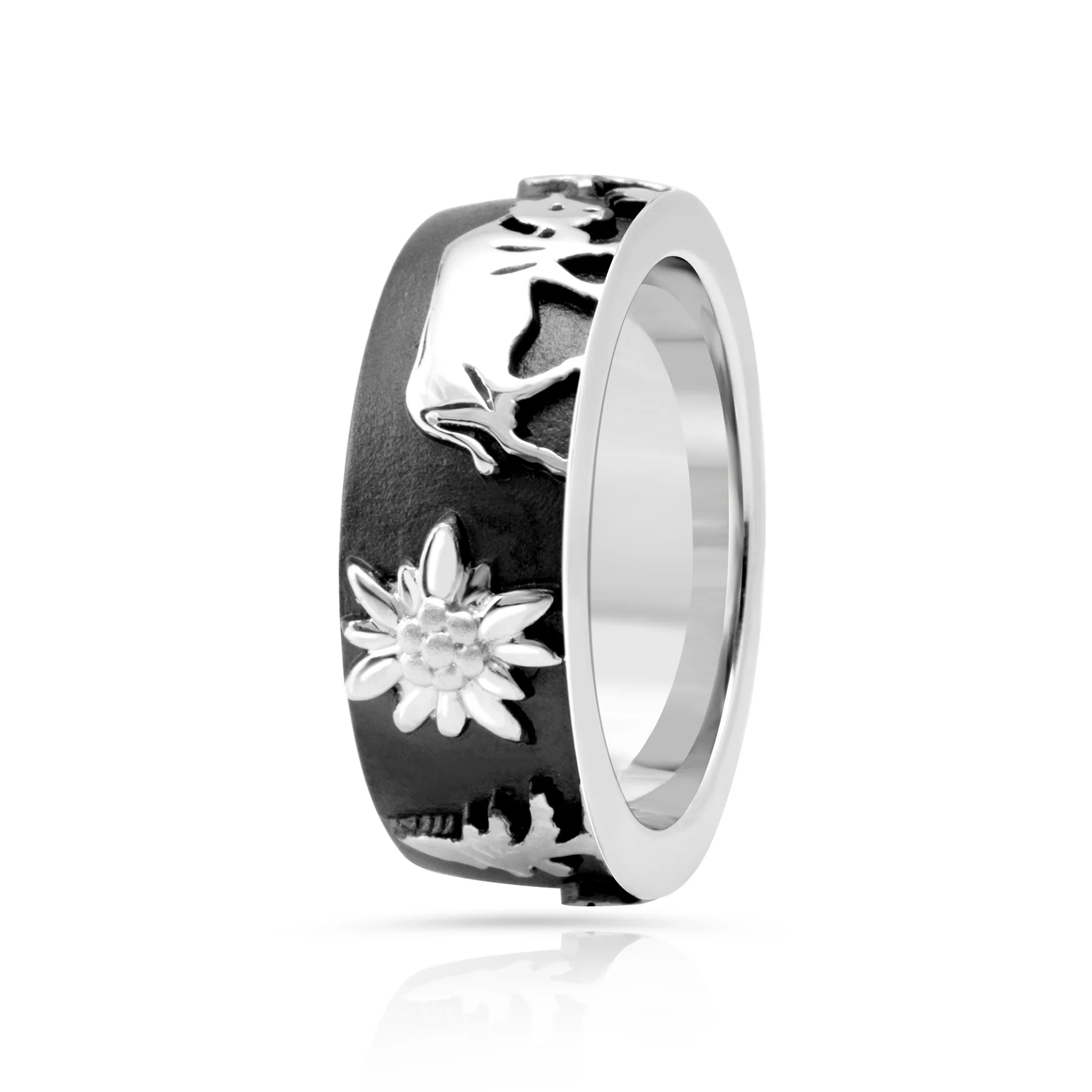 Ring aus schwarzem Rhodium-Sterlingsilber mit Tannenbäumen, Alphorn, Kühen und Edelweiss R-7025-48
