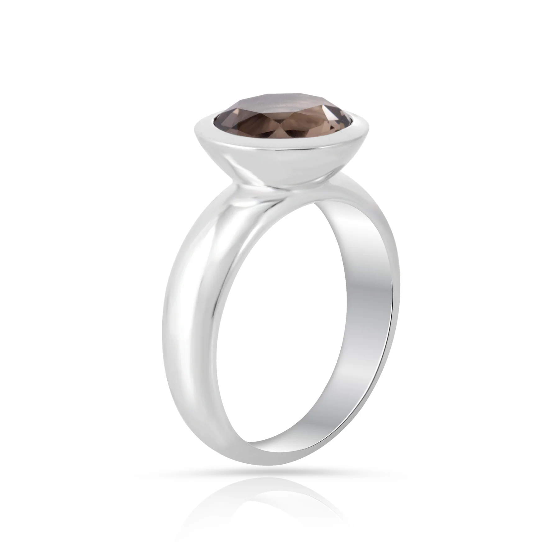Ring aus rhodiniertem Sterlingsilber mit rundem, facettiertem Rauchquarz SR-915-48