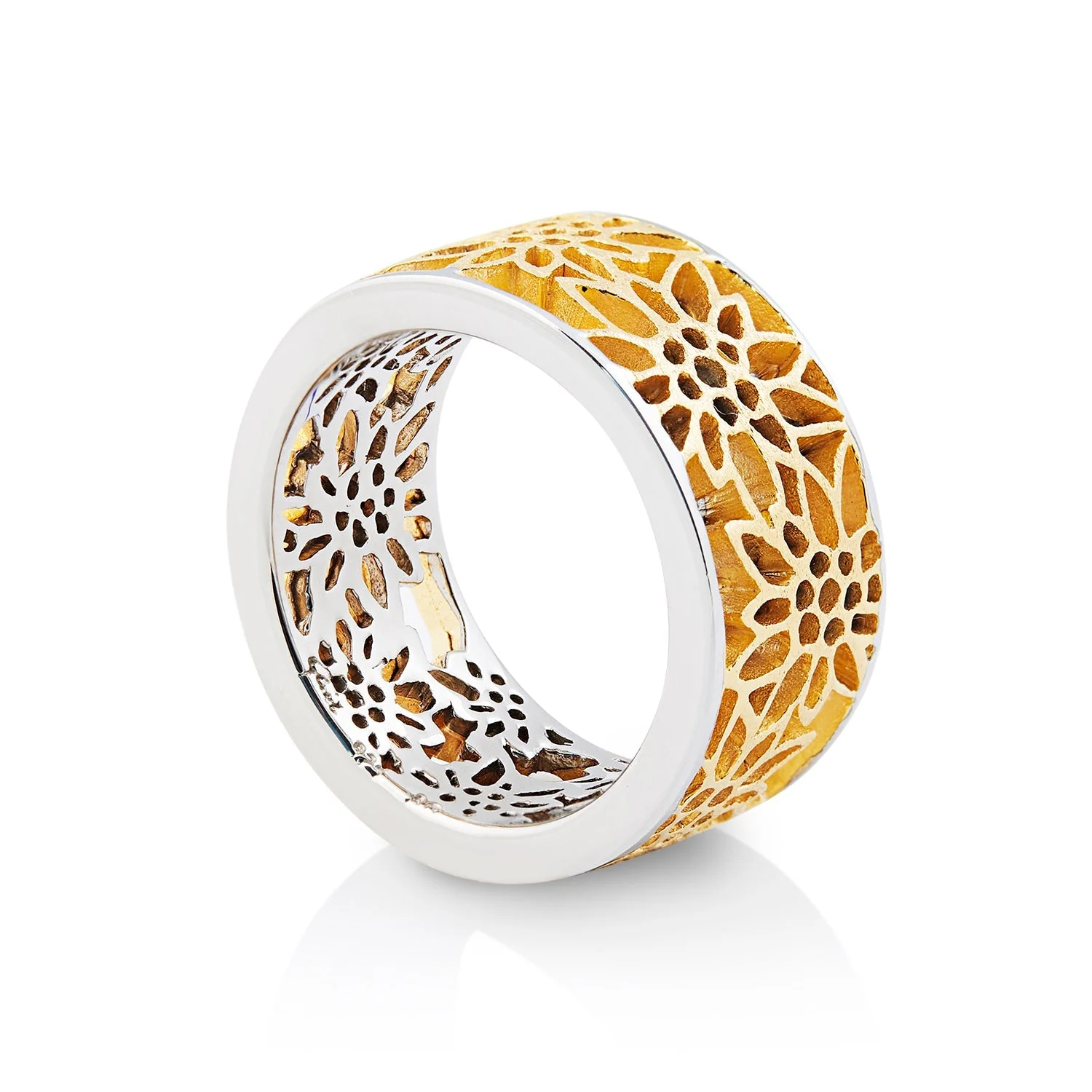 Breiter Ring aus Sterlingsilber Mit Edelweiss Filigran Bicolor RG-8004