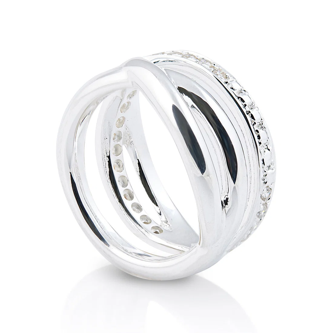 Ring aus Sterlingsilber, bestehend aus drei ineinander verschlungenen Ringen mit weißen Zirkonia von 2mm 20-1032