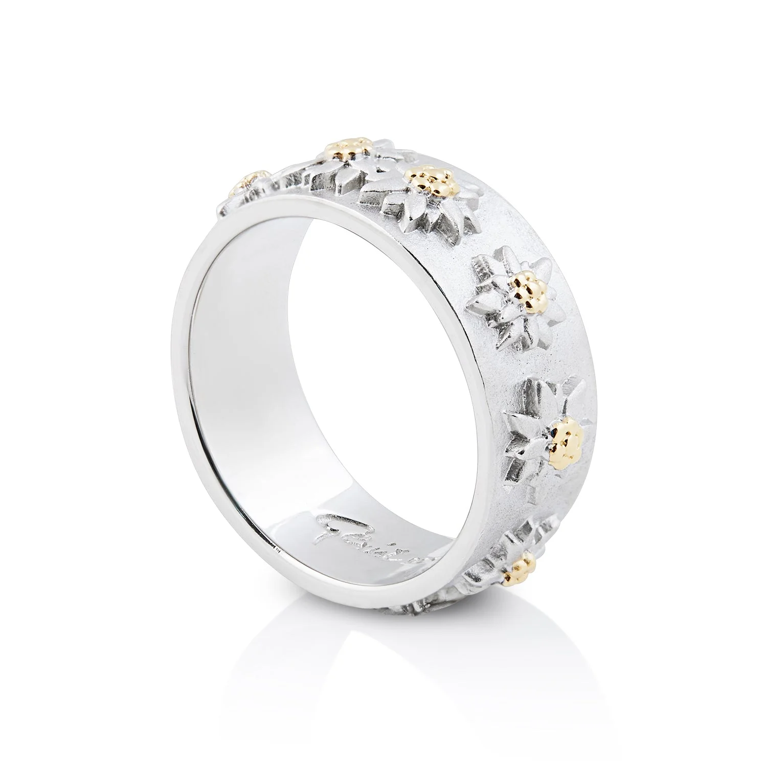 Ring aus Sterlingsilber mit Bicolor Edelweißen auf flachem Profil, Satin-Finish RG-8000