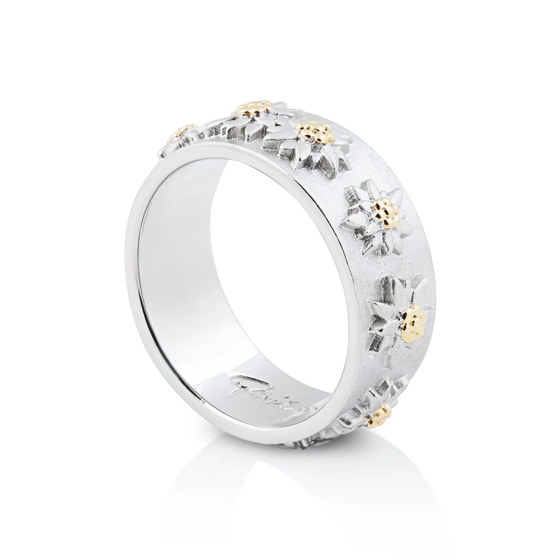 Ring aus Sterlingsilber mit Bicolor Edelweißen auf flachem Profil, Satin-Finish RG-8000
