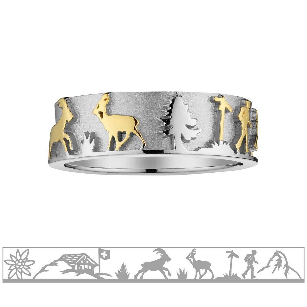 Sterlingsilber Bicolor Ring mit Steinbock, Gämse, Matterhorn, Edelweiss, Wanderer und Chalet RG-7011-1