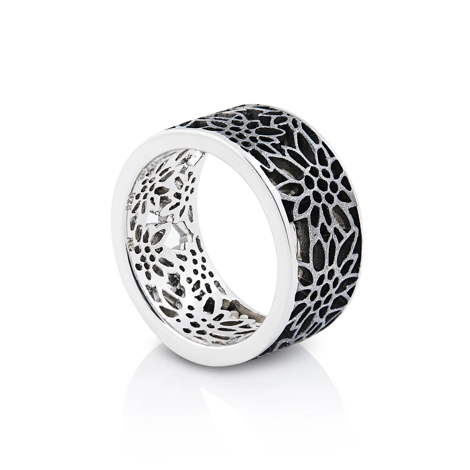 Breiter Ring aus Sterlingsilber mit Edelweiss Filigran Rhodium Schwarz R-8005