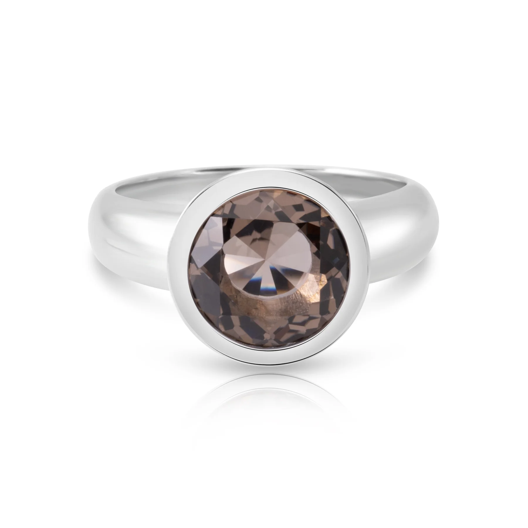 Ring aus rhodiniertem Sterlingsilber mit rundem, facettiertem Rauchquarz SR-915-48